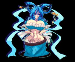  abs black_background blue_eyes blue_hair blue_skirt breasts chisel cleavage commentary_request curvy drill_hair drill_sidelocks female hair_ornament hair_rings hair_stick kaku_seiga large_breasts looking_at_viewer mmmmatimmmmati navel ofuda pixel_art shawl sidelocks simple_background skirt solo touhou 