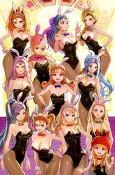  6+girls alena_(dq4) animal_ears anlucea barbara_(dq6) bare_shoulders bent_over bianca_(dq5) black_hair black_leotard blonde_hair blue_bow blue_bowtie blue_eyes blue_hair blunt_bangs bow bowtie braid breasts cleavage closed_mouth collarbone commentary_request cowboy_shot curly_hair detached_collar dragon_quest dragon_quest_ii dragon_quest_iv dragon_quest_ix dragon_quest_v dragon_quest_vi dragon_quest_viii dragon_quest_x dragon_quest_xi earrings estella_(dq10) fake_animal_ears flat_chest flora_(dq5) green_bow green_bowtie green_eyes hair_behind_ear hair_over_shoulder hair_pulled_back hairband hairbow half_updo hand_on_own_chest hand_on_own_hip hand_up hands_on_another&#039;s_shoulders hat headpiece high_ponytail highres hood horns huge_bow index_finger_raised jessica_albert jewelry large_breasts leotard light_blush long_hair looking_at_another looking_at_viewer martina_(dq11) medium_breasts mole mole_under_mouth multiple_girls numao_sub open_mouth orange_bow orange_bowtie orange_eyes orange_hair orange_nails pantyhose parted_bangs parted_lips pink_bow pink_eyes pink_hair pink_headwear pink_hood pink_nails playboy_bunny pointy_ears princess_of_moonbrook purple_bow purple_bowtie purple_eyes rabbit_ears red_bow red_bowtie red_eyes red_headwear revision ruida senya_(dq11) siblings single_braid sisters small_breasts smile standing strapless strapless_leotard swept_bangs twin_braids twins twintails veronica_(dq11) white_hairband wrist_cuffs yellow_bow yellow_bowtie yellow_eyes 