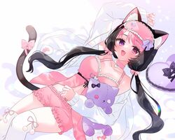  absurdres animal_ear_fluff animal_ears arm_up babydoll black_hair bow breasts cat_ears choker collarbone commentary darlingstrawb english_commentary female hairbow heart heart-shaped_pillow heart_choker heterochromia highres indie_virtual_youtuber jacket juuroku_anna long_hair low_twintails lying mask mask_on_head multicolored_hair oerba_yun_fang on_back open_clothes open_jacket open_mouth pillow pink_babydoll pink_bow pink_choker pink_eyes pink_hair pink_shorts pom_pom_(clothes) purple_eyes second-party_source shorts sleep_mask solo stuffed_animal stuffed_cat stuffed_toy tail tail_bow tail_ornament thighhighs twintails two-tone_hair virtual_youtuber white_jacket white_thighhighs 