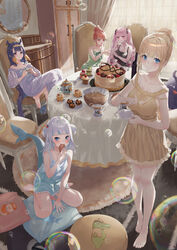  5girls bare_shoulders barefoot birthday_cake black_nightgown blonde_hair blue_eyes blue_hair blush breasts cake camisole cleavage collarbone death-sensei_(mori_calliope) earrings fins fish_tail food frilled_camisole frills gawr_gura hair_ornament heart heart_hands highres hololive hololive_english holomyth investigator_(amelia_watson) jewelry kfp_employee_(takanashi_kiara) kinoko_(shikimylove) large_breasts long_hair looking_at_viewer medium_hair mori_calliope mori_calliope_(sleepwear) multicolored_hair multiple_girls nightgown nightshirt ninomae_ina&#039;nis official_alternate_costume open_mouth pink_hair purple_eyes purple_hair red_eyes shark_girl shark_hair_ornament shark_tail short_hair skull_collar skull_earrings sleepover sleepwear small_breasts smile streaked_hair tail takanashi_kiara takodachi_(ninomae_ina&#039;nis) tentacle_hair two_side_up underwear very_long_hair virtual_youtuber watson_amelia 