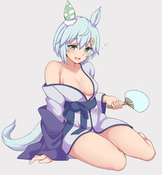  absurdres alternate_costume animal_ears bare_legs blue_eyes blush breasts cleavage collarbone commentary_request female grey_hair hair_ornament hakutaqanta highres horse_ears horse_girl horse_tail looking_at_viewer medium_breasts seiun_sky_(umamusume) simple_background sitting solo sweat tail thighs umamusume white_background 