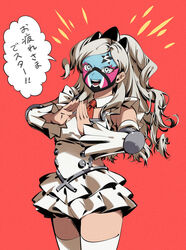  :d blonde_hair commentary_request detached_collar detached_sleeves eri_(pokemon) eyelashes facepaint female gcckg grey_eyes hair_behind_ear hands_up happy highres long_hair necktie open_mouth parted_bangs pokemon pokemon_sv smile solo speech_bubble steepled_fingers team_star teeth thighhighs tongue translation_request white_thighhighs 