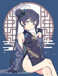  bare_shoulders black_dress black_gloves black_hair blue_archive braid braided_bun breasts china_dress chinese_clothes closed_mouth commentary covered_navel crossed_legs double_bun dragon_print dress feet_out_of_frame female gloves grey_eyes grey_halo hair_bun half_gloves halo jacket kisaki_(blue_archive) long_hair long_sleeves looking_at_viewer onyhakase print_dress short_dress side_slit sitting small_breasts solo striped_clothes striped_jacket twintails vertical-striped_clothes vertical-striped_jacket very_long_hair 