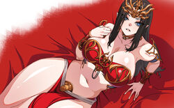  armband bed_sheet blue_eyes breasts cai_lin_(doupo_cangqiong) collarbone commission commissioner_upload doupo_cangqiong english_commentary female furrowed_brow hair_ornament highres jewelry large_breasts long_hair navel non-web_source pelvic_curtain pixiv_commission pointy_hair rantia red_skirt red_tank_top skirt solo tank_top teeth thighs upper_body 