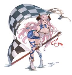  asymmetrical_footwear ayacho bare_shoulders blue_eyes blue_shirt blue_skirt blush braid breasts checkered_flag cleavage draph elbow_gloves female flag full_body gloves granblue_fantasy hair_ornament hair_over_one_eye highres holding holding_sword holding_weapon horns katana large_breasts long_hair looking_at_viewer narmaya_(granblue_fantasy) navel open_mouth pointy_ears purple_hair race_queen shirt skirt smile solo sword thigh_strap thighhighs very_long_hair weapon 