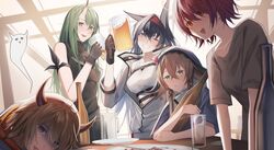  1boy 4girls :d absurdres alcohol arknights bare_shoulders beer beer_mug bison_(arknights) black_gloves black_hair blaze_(arknights) blue_eyes blue_shirt blush bottle breasts brown_gloves brown_hair collarbone commentary_request cup exusiai_(arknights) giving_up_the_ghost gloves green_eyes green_hair grey_shirt grin hair_between_eyes hairband highres holding holding_cup horns hoshiguma_(arknights) hugging_object indoors jacket long_hair medium_breasts mug multiple_girls nose_blush one_eye_closed pallas_(arknights) parted_lips r_oot red_eyes red_hair red_hairband shirt short_sleeves single_horn smile tank_top very_long_hair white_jacket white_tank_top 