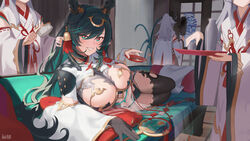  4girls alcohol asymmetrical_gloves black_gloves black_hair black_thighhighs blush bottle breast_cutout breasts brushing_another&#039;s_hair brushing_hair choko_(cup) cleavage cleavage_cutout clothing_cutout colored_inner_hair couch cup detached_sleeves dragon_girl dragon_horns draph dress duster fikkyun fingerless_gloves gloves gradient_hair granblue_fantasy green_eyes green_hair hair_between_eyes hair_brush hair_ornament hand_fan highres holding holding_cup holding_duster holding_fan holding_hair_brush holding_tray horn_ornament horns indoors japanese_clothes large_breasts leotard long_hair looking_at_viewer lying miko mismatched_gloves mole mole_under_mouth multicolored_eyes multicolored_hair multiple_girls navel_cutout on_couch on_side parted_lips partially_fingerless_gloves payila_(granblue_fantasy) pelvic_curtain pointy_ears red_eyes sake_bottle see-through see-through_dress smile stomach_cutout tassel tassel_hair_ornament thighhighs transparent_fan tray tuanshan two-tone_eyes two-tone_hair very_long_hair white_gloves wide_sleeves 