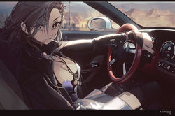  arknights black_jacket black_nails blurry blurry_background breasts car car_interior car_seat chinese_commentary cigarette cleavage commentary dashboard dress drive_shot driving extra_ears female garter_straps hair_ornament hair_over_one_eye hairclip highres jacket jewelry large_breasts looking_at_viewer motor_vehicle necklace open_window penance_(arknights) revision ring smoke smoking solo speedometer steering_wheel thighhighs unworn_eyewear white_dress window yellow_eyes 