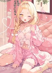  ;o bangs_pinned_back bed_sheet blonde_hair blush braid breasts camisole collarbone commentary cropped_legs female forehead frilled_camisole frilled_shorts frills hand_up hashtag-only_commentary highres hoshikawa_sara hoshikawa_sara_(7th_costume) jacket long_hair long_sleeves looking_at_viewer medium_breasts midriff navel nijisanji official_alternate_costume official_alternate_hairstyle on_bed one_eye_closed open_mouth pink_jacket pink_shorts puffy_long_sleeves puffy_sleeves short_shorts shorts single_braid sitting solo star_(symbol) toeless_legwear virtual_youtuber wariza white_camisole yellow_eyes yuzuriha_(nx_e78) 