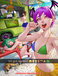  1boy 3girls animal beach bikini bikini_skirt bikini_top_only blanka brown_hair canine capcom chair commentary company_connection crossover cup denim denim_shorts drunk eating english_commentary english_text fangs food_truck green_hair head_wings highres holding holding_cup kasugano_sakura lilith_aensland looking_at_viewer middle_finger morrigan_aensland multiple_girls muscular muscular_male orange_hair patreon_username pouring purple_hair sandals selfie short_shorts shorts siblings sisters skewer smile snapchat street_fighter suddakka swimsuit table teeth tongue tongue_out vampire_(game) web_address wings 