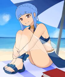  armpit_crease beach beach_umbrella bikini blue_bikini blue_footwear blue_hair blue_nails blue_skirt blue_sky blunt_bangs book braid breasts brown_eyes commission day english_commentary feet female fire_emblem fire_emblem:_three_houses fire_emblem_heroes full_body gold_trim highres hugging_own_legs knees_up leaning_forward looking_at_viewer marianne_von_edmund marianne_von_edmund_(summer) medium_breasts nail_polish official_alternate_costume outdoors own_hands_together sandals sarong see-through short_hair_with_long_locks sideboob sidelocks sitting skirt sky smile softhanten solo swimsuit swimsuit_cover-up teeth thighs toenail_polish toenails toes twitter_username umbrella water 