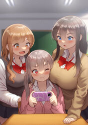  3girls blue_eyes blush breast_envy breast_press breasts brown_hair cellphone chalkboard cheek-to-breast cheek_press classroom desk disciplinary_committee-chan_(maku_ro) friend-chan_(maku_ro) girl_sandwich grey_hair hair_between_eyes head_on_chest indoors large_breasts long_hair maku_ro multiple_girls one_eye_closed orange_eyes orange_hair original phone red_eyes sandwiched school_desk skirt smartphone smile taut_sweater 