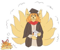  anthro asian_mythology big_breasts breasts canid canine ceroba_ketsukane clothing diploma dream east_asian_mythology fantasy female fox fox_spirit graduation_cap hat headgear headwear humor japanese_mythology mammal monster multi_tail mythology signirsol solo tail undertale_(series) undertale_yellow yokai 