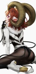  @_@ animal_ears arm_support ass back body_fur breasts cosplay dark_young_(fate) dark_young_(fate)_(cosplay) demon_girl demon_horns fate/grand_order fate_(series) female fingernails from_behind fujimaru_ritsuka_(female) galibo goat_ears goat_horns goat_legs goat_tail hand_on_own_face highres hooves horns kneeling long_fingernails looking_at_viewer looking_back medium_breasts monsterification multiple_tails open_mouth orange_hair pink_eyes sharp_fingernails short_hair sideboob simple_background solo tail tongue tongue_out white_background 