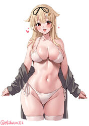  alternate_costume ass_visible_through_thighs bikini black_ribbon blonde_hair blush breasts collarbone commentary cropped_legs ebifurya female grey_robe groin hair_between_eyes hair_flaps hair_ribbon hashtag-only_commentary heart highres kantai_collection large_breasts long_hair long_sleeves looking_at_viewer navel one-hour_drawing_challenge open_clothes open_mouth red_eyes ribbon robe robe_partially_removed side-tie_bikini_bottom sideboob sidelocks simple_background skindentation smile solo stomach swimsuit thighhighs thighs twitter_username white_background white_bikini white_thighhighs yuudachi_(kancolle) yuudachi_kai_ni_(kancolle) 