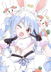  ;d animal_ear_fluff animal_ears black_gloves braid breasts carrot_hair_ornament cleavage commentary don-chan_(usada_pekora) double_v female food-themed_hair_ornament fur-trimmed_gloves fur_trim gloves hair_ornament hololive ixy long_hair looking_at_viewer medium_breasts multicolored_hair one_eye_closed open_mouth pekomon_(usada_pekora) playboy_bunny rabbit_ears rabbit_girl red_eyes short_eyebrows smile thick_eyebrows twin_braids twintails two-tone_hair usada_pekora usada_pekora_(1st_costume) v virtual_youtuber white_hair 