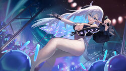  asymmetrical_sleeves black_nails blue_eyes blue_hair bodysuit boshke breasts cleavage cleavage_cutout clothing_cutout colored_inner_hair crescent crowd ear_piercing female gradient_hair grey_bodysuit grey_hair halo_sweety highres holding holding_microphone horns indie_virtual_youtuber large_breasts long_hair microphone mismatched_sleeves multicolored_hair piercing pointy_ears single_horn slime_(creature) solo stadium virtual_youtuber 