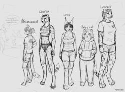  2024 african_wildcat anthro biped bottomwear bra breasts cheetah clothing digital_media_(artwork) digitigrade english_text felid feline felis female fur group hi_res hoodie human leopard lynx mammal markings monochrome pallas&#039;s_cat pantherine patecko paws shirt shorts sports_bra spots spotted_body spotted_fur t-shirt text topwear underwear wildcat 