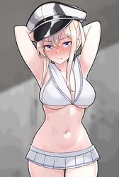  armpits arms_behind_head arms_up ass_visible_through_thighs bikini bikini_skirt blonde_hair blue_eyes blush breasts commission cosplay female furaggu_(frag_0416) graf_zeppelin_(kancolle) hair_between_eyes hat highres kantai_collection large_breasts long_hair looking_at_viewer navel nose_blush peaked_cap pixiv_commission sailor_bikini sailor_collar sidelocks solo standing stomach swimsuit twintails white_bikini white_sailor_collar z1_leberecht_maass_(kancolle) z1_leberecht_maass_(kancolle)_(cosplay) z1_leberecht_maass_(swimsuit_mode)_(kancolle) 