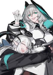  2girls aqua_eyes aqua_wings arknights belt between_breasts black_belt black_jacket black_pantyhose black_tail black_wings breasts closed_eyes coat cowboy_shot doctor_(arknights) dress drooling fangs feathered_wings female_doctor_(arknights) fingerless_gloves gloves grey_hair hair_between_eyes head_wings highres ho&#039;olheyak_(arknights) huangjin_shizi hug infection_monitor_(arknights) jacket large_breasts long_sleeves looking_at_another low_ponytail mouth_drool multicolored_coat multiple_girls open_clothes open_coat open_jacket pantyhose pencil_dress pointy_ears short_dress short_hair sidelocks snake_tail strap_between_breasts tail teeth two-tone_coat two-tone_wings unfinished upper_teeth_only white_background white_dress white_gloves white_hair wings 