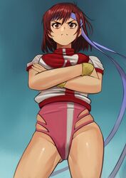  1980s_(style) angry blue_headband breasts brown_eyes brown_hair closed_mouth crossed_arms female frown gunbuster_pose headband highres leotard looking_at_viewer medium_breasts michibata_anko pink_leotard purple_leotard retro_artstyle shiny_skin short_hair solo standing takaya_noriko thighs top_wo_nerae! wristband yellow_wristband 