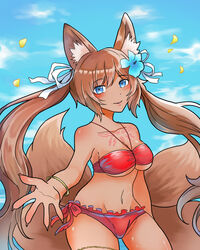  blue_eyes blue_flower blue_sky blush brown_hair caleen_keemosn cleavage commission eyebrows_visible_through_hair female female_only flower_in_hair fox_ear fox_girl fox_tail garter hair_ornament hair_ribbon kemonomimi kitsunemimi large_breasts multiple_tails ocean reaching_out red_bikini rosa_png runes safe_for_work star_ocean star_ocean_anamnesis summer tan_body thick_thighs tubetop twintails very_long_hair wholesome 