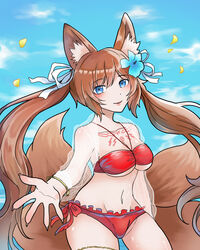  blue_eyes blue_flower blue_sky blush brown_hair caleen_keemosn cleavage commission eyebrows_visible_through_hair female female_only flower_in_hair fox_ear fox_girl fox_tail garter hair_ornament hair_ribbon kemonomimi kitsunemimi large_breasts multiple_tails ocean reaching_out red_bikini rosa_png runes safe_for_work star_ocean star_ocean_anamnesis summer thick_thighs translucent_clothing tubetop twintails very_long_hair wholesome 