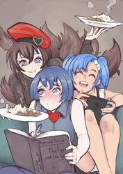  3girls beret blue_eyes blue_hair blush book brown_hair caleen_keemosn collared_shirt curry elo-chan elotika eyebrows_visible_through_hair food fox_ear fox_girl fox_tail gknight hair_ribbon kemonomimi kitsunemimi laugh looking_at_another malphas medium_hair multiple_tails necktie nintendo_switch open_smile original_character panty_peek purple_eyes request rice runes safe_for_work short_hair smile star_ocean star_ocean_anamnesis turtleneck twintails valentine very_long_hair wholesome 