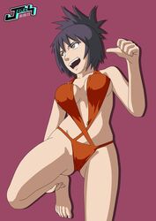  1girls 2023 barefoot big_breasts bikini breasts brown_eyes cleavage dated feet female female_only fully_clothed holding_leg jorch_jacg leg_grab long_hair mitarashi_anko naruto naruto_(series) naruto_shippuden open_mouth open_mouth_smile open_smile pinup pointing pointing_at_self ponytail purple_hair raised_leg revealing_swimsuit skimpy skimpy_bikini smile solo solo_focus swimsuit tied_hair voluptuous watermark 