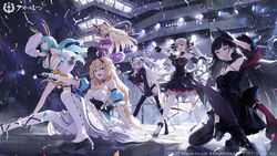  6+girls absurdres ahoge arm_support azur_lane bare_shoulders boise_(azur_lane) boise_(muse)_(azur_lane) boots breasts closed_mouth commentary_request company_connection company_name copyright_name dress fingerless_gloves formidable_(azur_lane) formidable_(muse)_(azur_lane) frills full_body gloves hand_on_own_hip headset highres holding kongou_(azur_lane) kongou_(muse)_(azur_lane) large_breasts le_temeraire_(azur_lane) le_temeraire_(muse)_(azur_lane) logo long_hair long_sleeves medium_breasts microphone midriff multiple_girls noshiro_(azur_lane) noshiro_(muse)_(azur_lane) official_alternate_costume official_art open_mouth pantyhose prinz_eugen_(azur_lane) prinz_eugen_(muse)_(azur_lane) puffy_short_sleeves puffy_sleeves shoes short_dress short_sleeves shorts single_glove sleeveless smile somehira_katsu stage thighhighs 