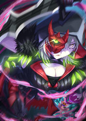  black_shirt breasts cleavage cleavage_cutout clothing_cutout dagger diabellstar_the_black_witch duel_monster eye_trail female glowing glowing_eye green_eyes green_hair grey_hair half_mask highres holding holding_dagger holding_knife holding_weapon hood hood_up incoming_attack knife large_breasts light_trail looking_at_viewer mask motion_blur multicolored_hair pants red_pants shiina_aono shirt short_hair snake-eyes_poplar streaked_hair weapon yu-gi-oh! 