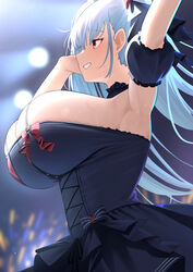  absurdres arm_up armpits azur_lane black_dress black_ribbon breasts commentary concert dress female formidable_(azur_lane) formidable_(muse)_(azur_lane) frilled_dress frills from_side glowstick hair_ribbon highres huge_breasts idol idol_clothes light_brown_hair official_alternate_costume open_mouth penlight_(glowstick) red_eyes red_ribbon ribbon skindentation smile solo sweat waka_(user_unuj5373) 