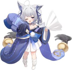  aged_down ahoge animal_ear_fluff animal_ears azur_lane bare_shoulders blue_ribbon blush collarbone female fox_ears full_body grey_hair hair_ribbon highres holding japanese_clothes kimono long_sleeves looking_at_viewer loose_socks non-web_source off_shoulder official_art one_eye_closed open_mouth oversized_clothes pleated_skirt pom_pom_(clothes) purple_eyes ribbon shinano-chan_(azur_lane) shnva skirt sleeves_past_fingers sleeves_past_wrists socks solo standing transparent_background twintails white_skirt white_socks wide_sleeves 