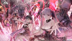  3girls absurdres azur_lane bare_shoulders breasts cleavage closed_mouth commentary company_connection company_name copyright_name dress formidable_(azur_lane) formidable_(muse)_(azur_lane) frills gloves hair_ornament halterneck hand_up highres horns large_breasts logo long_hair looking_at_viewer midriff multiple_girls navel noshiro_(azur_lane) noshiro_(muse)_(azur_lane) official_alternate_costume official_art outstretched_hand prinz_eugen_(azur_lane) prinz_eugen_(muse)_(azur_lane) ribbon rsef short_dress sleeveless stomach twintails very_long_hair 