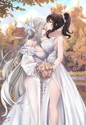  2girls asymmetrical_docking azur_lane blue_sky bouquet breast_press breasts brown_hair butterfly_hair_ornament cleavage cloud cloudy_sky commission day dress english_commentary evening female_commander_(azur_lane) from_side grey_hair hair_ornament high_ponytail highres holding holding_bouquet hug irkawaza large_breasts long_hair multiple_girls official_alternate_costume outdoors second-party_source side_slit sky smile symmetrical_docking tree very_long_hair wedding_dress wife_and_wife yorktown_(azur_lane) yorktown_(towards_tomorrow&#039;s_brilliant_breeze)_(azur_lane) yuri 