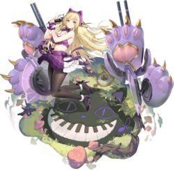  absurdres alice_in_wonderland animal_ears arm_warmers azur_lane bare_shoulders bell black_pantyhose blonde_hair blue_eyes bow bowtie braid breasts byulzzi cat_ears cat_tail cheshire_cat_(alice_in_wonderland) cheshire_cat_(alice_in_wonderland)_(cosplay) clock confetti cosplay crop_top fake_animal_ears female full_body hair_ribbon high_heels highres holding holding_microphone jingle_bell kongou_(azur_lane) kongou_(muse)_(azur_lane) large_breasts layered_skirt long_hair looking_at_viewer microphone mushroom navel non-web_source official_art pantyhose pleated_skirt pom_pom_(clothes) purple_bow purple_bowtie purple_footwear purple_skirt ribbon rigging skirt smile solo tail transparent_background white_skirt 