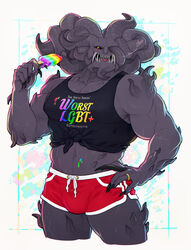  1boy 1monster booty_shorts bulge bulge_through_clothing cleavage demon demon_horns elden_ring fangs fromsoftware frostious gold_eye gym_shorts horns lgbt_pride male male_cleavage male_only married married_man modern_setting mohg_lord_of_blood monster muscular muscular_male omen_(elden_ring) pecs popsicle popsicle_melting pride_color_clothing pride_color_flag pride_colors skimpy slut slutty_outfit solo sweat theslowesthnery wedding_ring 