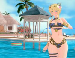  1girls 3d artoria_pendragon_(lancer) bangs big_ass big_butt blonde_hair crown fate_(series) female female_only flower_in_hair hidekimotto jewelry koikatsu light_skin looking_at_viewer medium_breasts painted_nails painted_toenails pool poolside resort slim_waist smile smiling_at_viewer solo sunny swimsuit teal_eyes tied_hair water wristwear 