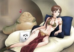  armlet boots breasts brown_eyes brown_hair cleavage collar commentary cosplay earrings female hair_over_shoulder heart highres idolmaster idolmaster_cinderella_girls jabba_the_hutt jewelry light_blush long_hair looking_at_viewer lying medium_breasts navel nitta_minami on_side pelvic_curtain pillow pleiades_(sting7712) ponytail princess_leia_organa_solo princess_leia_organa_solo_(cosplay) smile star_wars star_wars:_return_of_the_jedi stormtrooper 