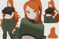  1girls aged_up ai_generated athletic_female belly_button black_shirt busty clothed clothed_female comic cute_expression disney disney_channel exposed_belly exposed_navel female fit_female ginger_hair green_eyes green_legwear green_shirt happy happy_female kim_possible kimberly_ann_possible long_hair looking_at_viewer navel onlyfakes.ai orange_eyebrows orange_hair pooplool redhead sfw smile smiling smiling_at_viewer tagme thick_thighs trousers 