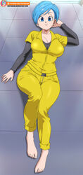  1female alternate_version_available barefoot big_breasts blue_eyes blue_hair bulma_briefs bulma_briefs_(dragon_ball_super_superhero) clothed_female dragon_ball dragon_ball_super dragon_ball_super_super_hero earrings female foxybulma fully_clothed jumpsuit laying_down laying_on_back looking_at_another looking_at_viewer pale-skinned_female pale_skin patreon patreon_exclusive patreon_leak patreon_only_post patreon_reward shonen_jump smile smiling_at_viewer smirk smirking smirking_at_viewer toei_animation yellow_jumpsuit 