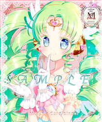  blue_eyes blush brooch closed_mouth collarbone commentary_request dress drill_hair falulu falulu_(awakened) female finger_to_mouth gem gloves green_hair heart index_finger_raised jewelry kamiya_maneki long_hair looking_at_viewer pink_dress pretty_series pripara puffy_short_sleeves puffy_sleeves sample_watermark short_sleeves smile solo twin_drills twintails upper_body very_long_hair watermark 