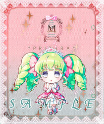  :o blue_eyes blush chibi commentary_request cover dress drill_hair falulu female full_body green_hair heart kamiya_maneki long_sleeves looking_at_viewer own_hands_clasped own_hands_together parted_lips pink_dress pretty_series pripara quad_tails sample_watermark solo standing watermark 