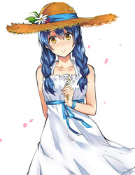  absurdres asa_(teng_zi) bad_id bad_pixiv_id black_hair blush braid collarbone dress female flower hat highres parted_lips shokugeki_no_souma simple_background solo straw_hat sundress sweat tadokoro_megumi twin_braids white_background yellow_eyes 