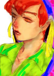  1boy alternate_eye_color colorful commentary_request gebegebe lips male_focus peter_pan_(character) peter_pan_(disney) pointy_ears red_eyes red_hair solo 