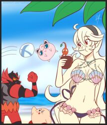  beach bikini claws corrin_(female)_(fire_emblem) corrin_(fire_emblem) day female fire_emblem fire_emblem_cipher fire_emblem_fates fire_emblem_heroes grey_hair hair_between_eyes hair_ornament hairband highres incineroar jigglypuff kirby kirby_(series) long_hair open_mouth pikmin_(creature) pikmin_(series) pointy_ears pokemon pokemon_(creature) pokemon_sm raydango red_eyes sharp_teeth shell shell_bikini smile super_smash_bros. swimsuit tail teeth white_hair 