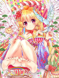  angel_wings artist_request bamboo bare_shoulders barefoot bird blonde_hair bonsai character_request cleavage copyright_request dated feathers feet female fruit hair_flower japanese_clothes long_hair looking_at_viewer mess orange panties pink_flower red_eyes red_flower red_nails red_toenails smile soles solo_focus toes white_panties 