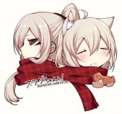  2girls :t ahoge animal_ear_fluff animal_ears bad_id bad_twitter_id black_sclera blonde_hair blush bright_pupils chaso_(konshin) closed_eyes closed_mouth colored_sclera commentary_request dated eating facial_mark food food_on_face fox_ears hair_between_eyes holding holding_food konshin long_hair multiple_girls original ponytail red_eyes red_scarf scarf shared_clothes shared_scarf signature simple_background smile taiyaki wagashi white_background 