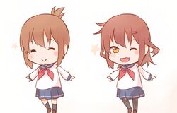  2girls animated animated beamed_eighth_notes bow brown_hair closed_eyes dancing eighth_note folded_ponytail hair_ornament hairclip ido_(teketeke) ikazuchi_(kancolle) inazuma_(kancolle) kantai_collection koufuku_graffiti long_hair lowres multiple_girls music musical_note oerba_yun_fang open_mouth pantyhose parody quarter_note school_uniform serafuku shiawase_graffiti short_hair singing skirt smile spinning ugoira_conversion winking_(animated) 