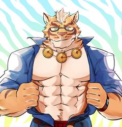  2018 abs anthro bozi clothed clothing countershading eyewear felid fur glasses hi_res lin_hu male mammal muscular muscular_anthro muscular_male nekojishi open_clothing open_shirt open_topwear pantherine pecs shirt simple_background solo studio_klondike tiger topwear 